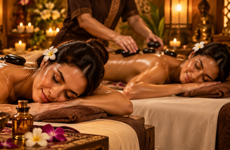 Massage duo relaxant aux huiles : une femme reçoit un massage du dos.